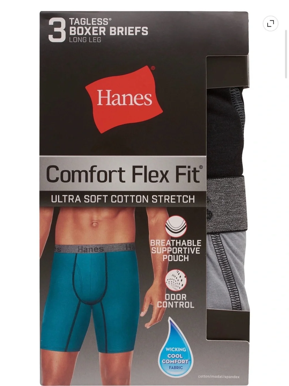 💜Hanes Fit Ultra Soft Cotton Stretch Long Leg Boxer Briefs,3Pack sizeSmall28-30